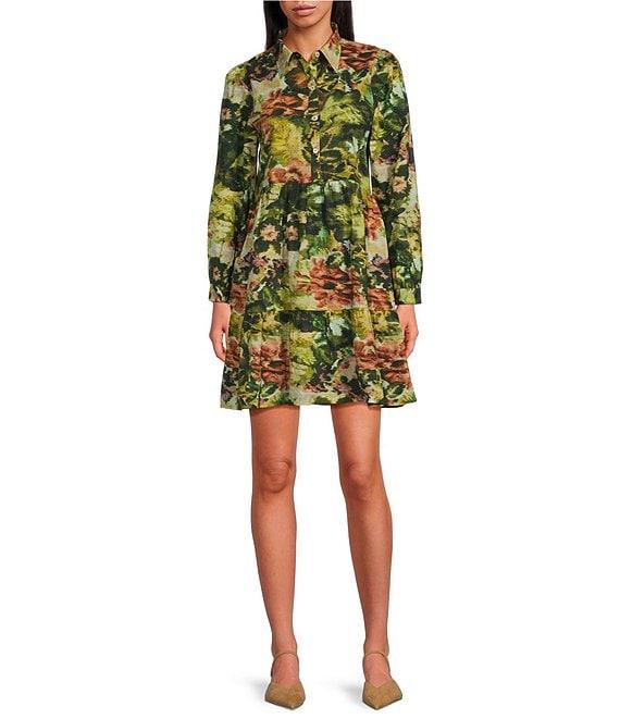 Ro's Garden Romy Floral Print Point Collar Button Front Long Sleeve Tiered Above the Knee A-Line Dress Product Image