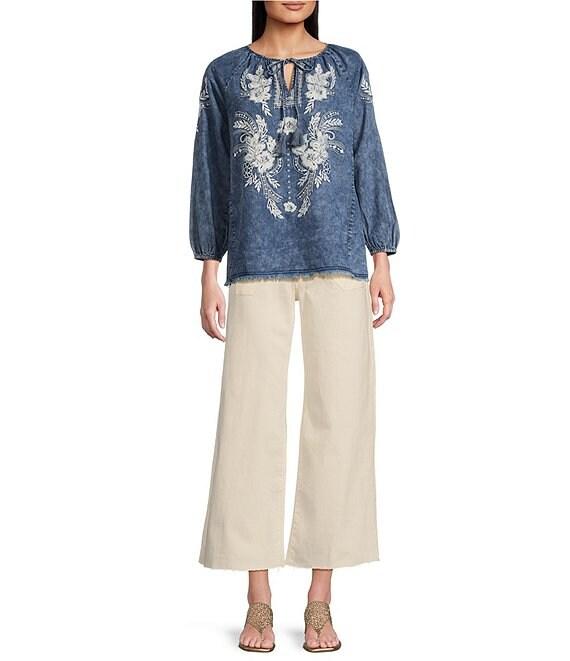 Reba Nell Chambray Split Neck 3/4 Blouson Sleeve Embroidered Blouse Product Image