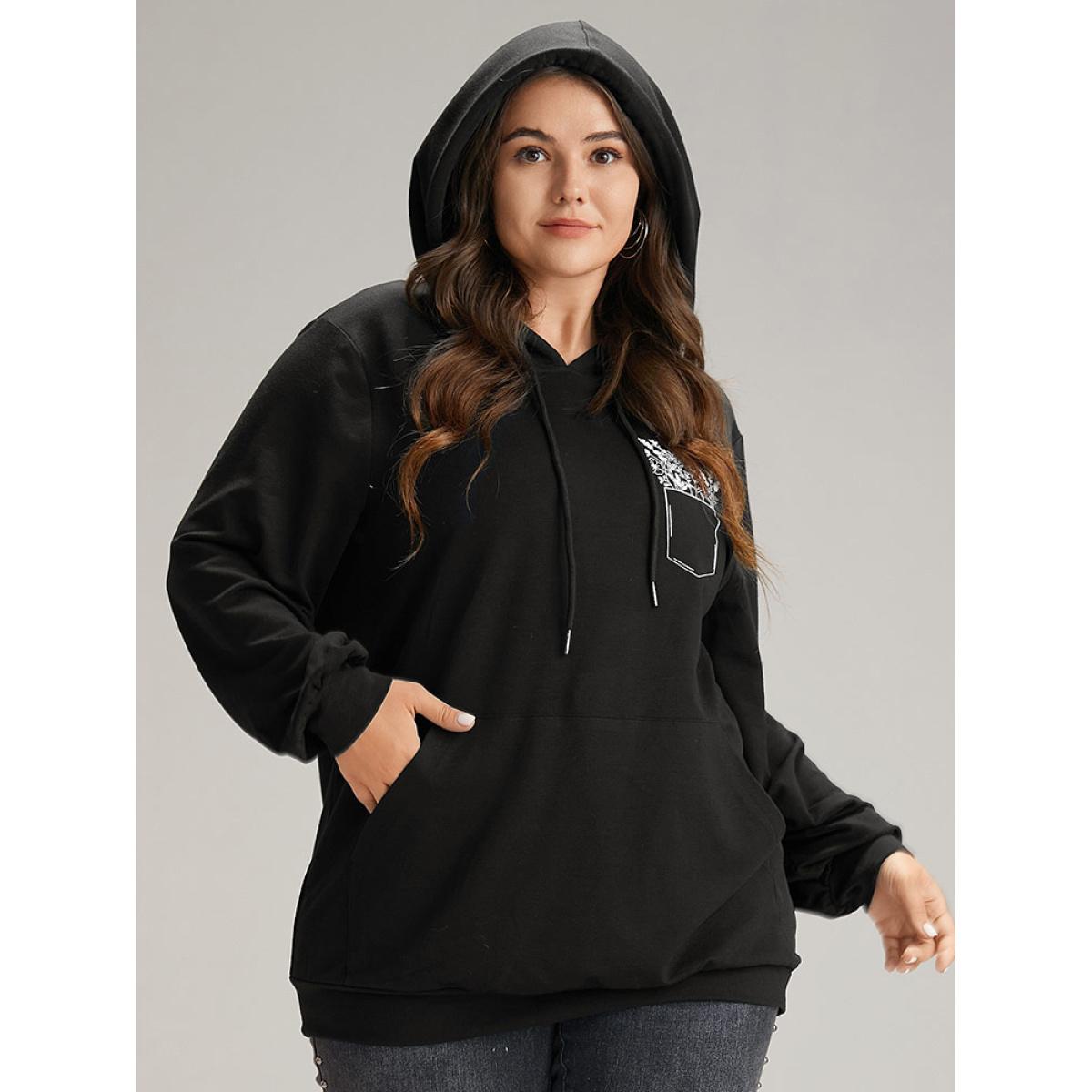 Plus Size Floral Print Pocket Hooded Drawstring Sweatshirt Women Black Casual Elastic cuffs Dailywear Sweatshirts BloomChic 14-16/1X Product Image