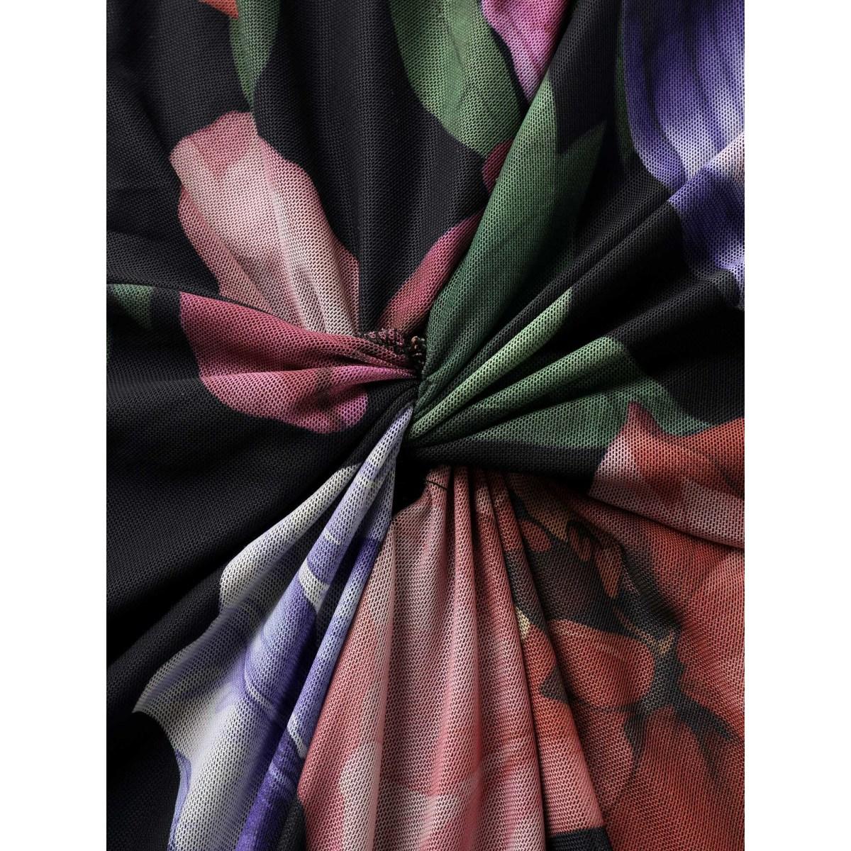 Plus Size Large Floral Print Twist Front Midi Dress RedViolet Women Romantic V-neck Short sleeve Curvy BloomChic 14-16/1X Product Image