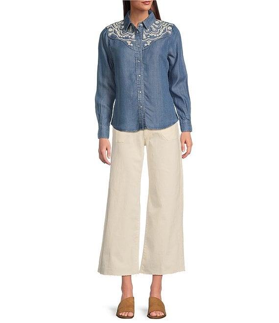 Reba Arizona Point Collar Long Sleeve Embroidered Button Front Top Product Image