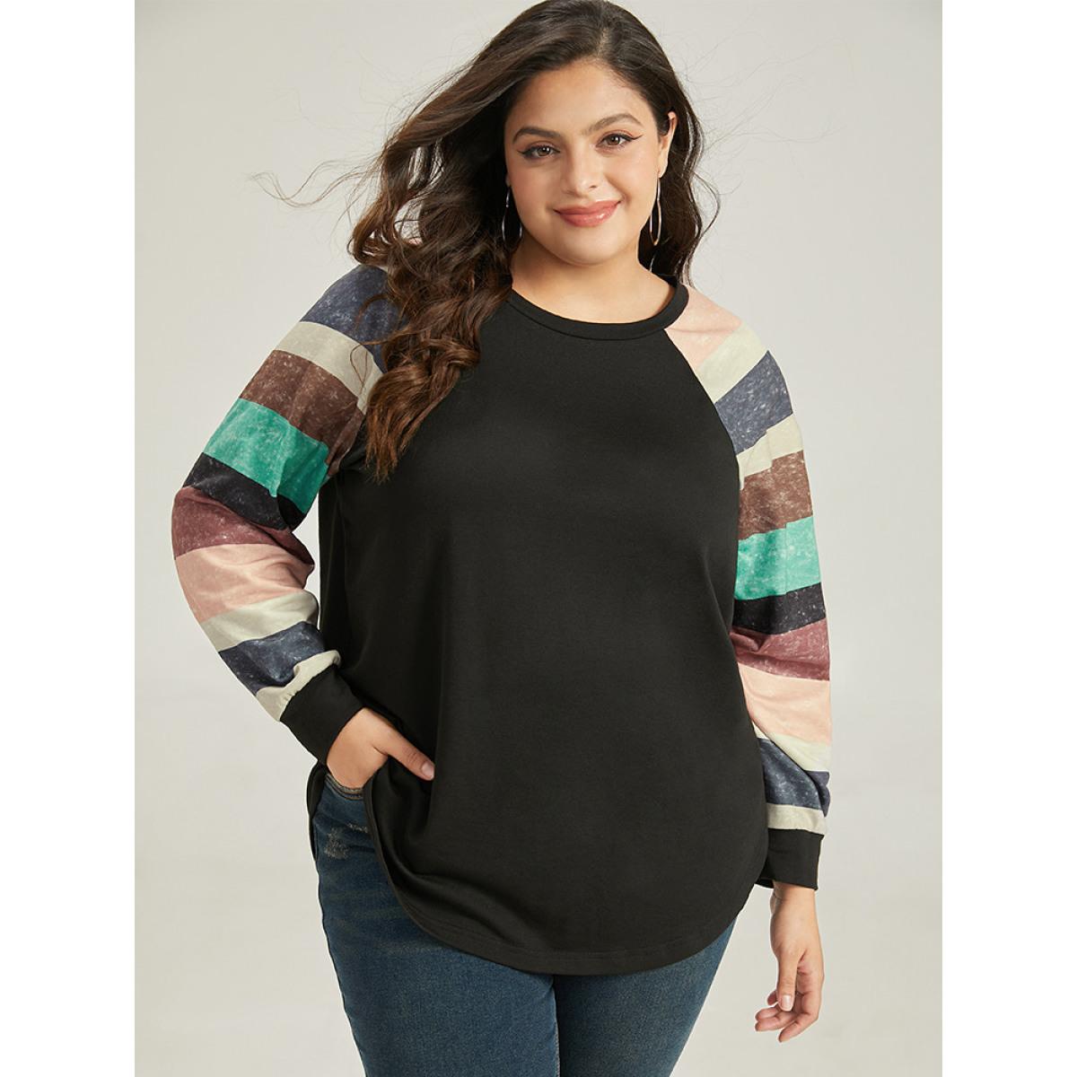 Plus Size Striped Patchwork Contrast Raglan Sleeve Sweatshirt Women Black Casual Contrast Round Neck Dailywear Sweatshirts BloomChic 26/4X Product Image