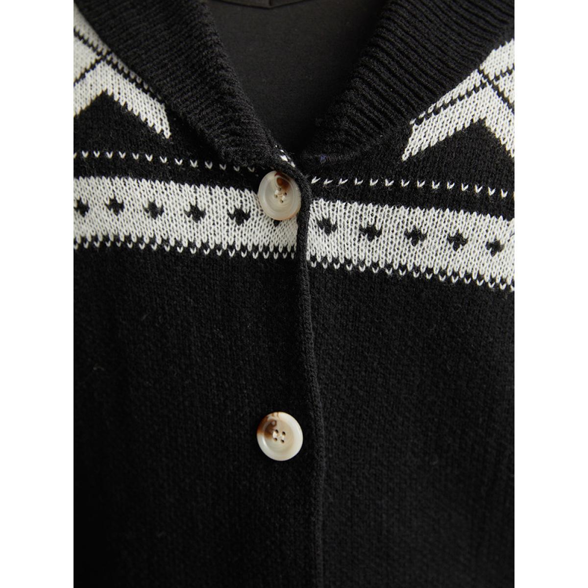 Plus Size Geometric Contrast Button Through Cardigan Black Women Casual Loose Long Sleeve Dailywear Cardigans BloomChic 12/L Product Image