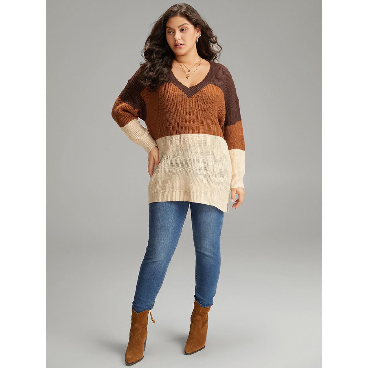 Plus Size Colorblock Patchwork Split Side Drop Shoulder Pullover Multicolor Women Casual Loose Long Sleeve V-neck Dailywear Pullovers BloomChic 22-24/3X Product Image