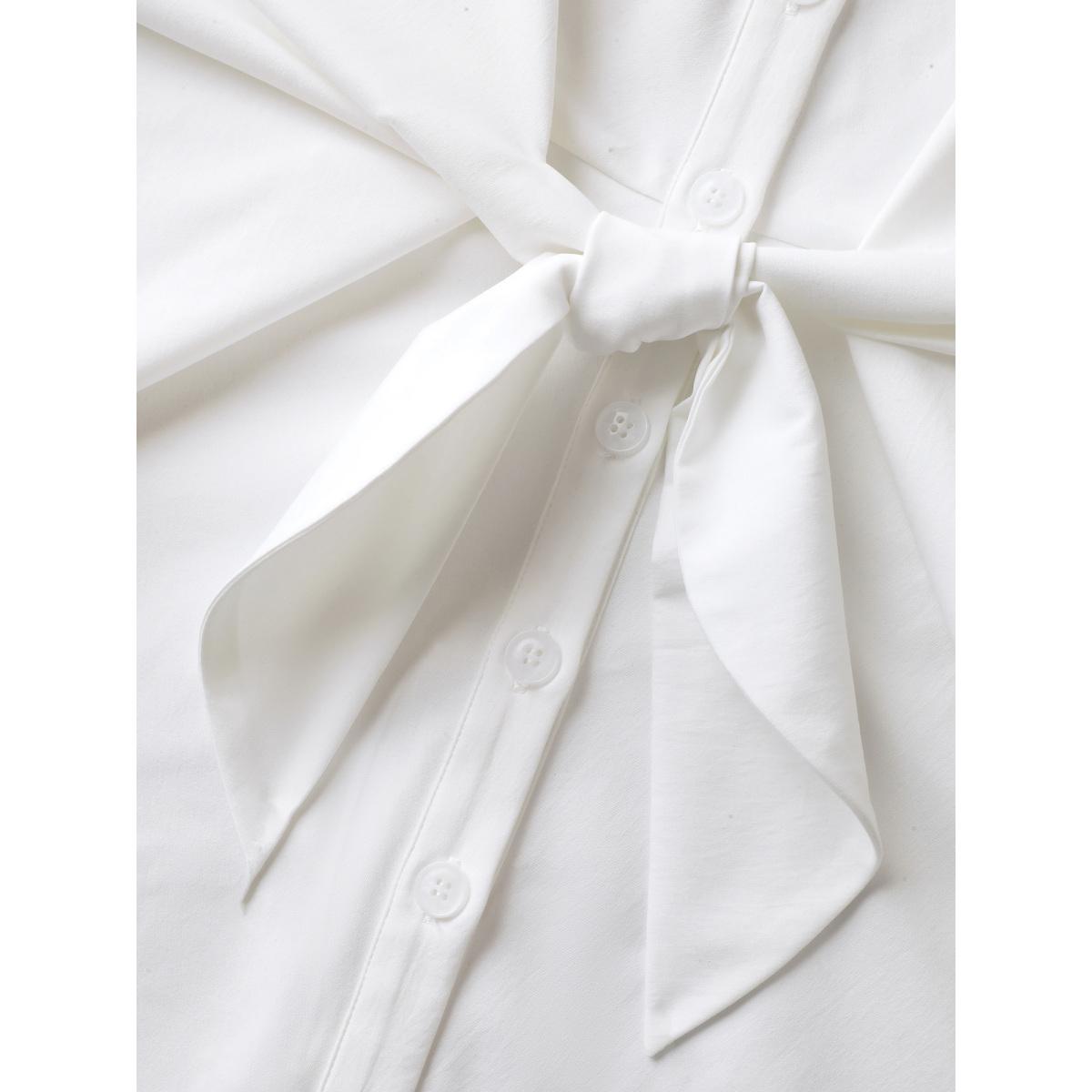 Plus Size Originalwhite Knotted Front Asymmetrical Hem Blouse Women Office Short sleeve Shirt collar Office Blouses BloomChic 12/L Product Image