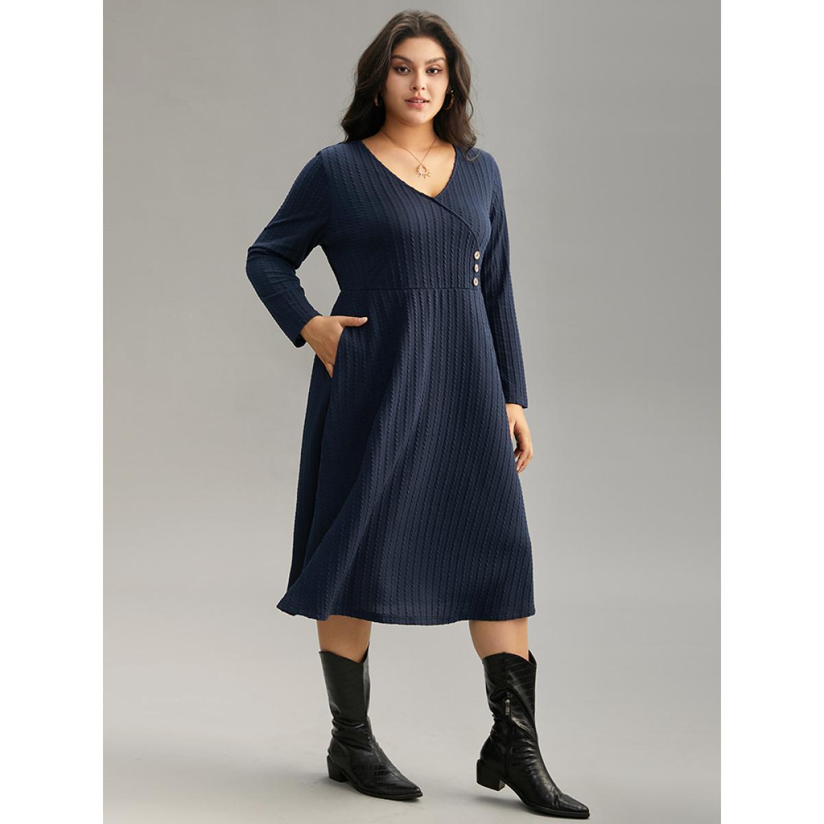 Plus Size Solid Appliques Button Detail Elastic Waist Dress Midnight Women Casual Texture Deep V-neck Long Sleeve Curvy Midi Dress BloomChic 12/L Product Image
