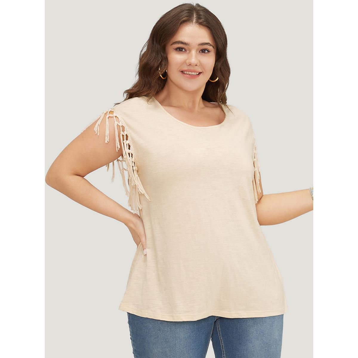 Plus Size Solid Fringe Trim Batwing Sleeve T-shirt Beige Women Elegant Tassels Plain Round Neck Dailywear T-shirts BloomChic 22-24/3X Product Image
