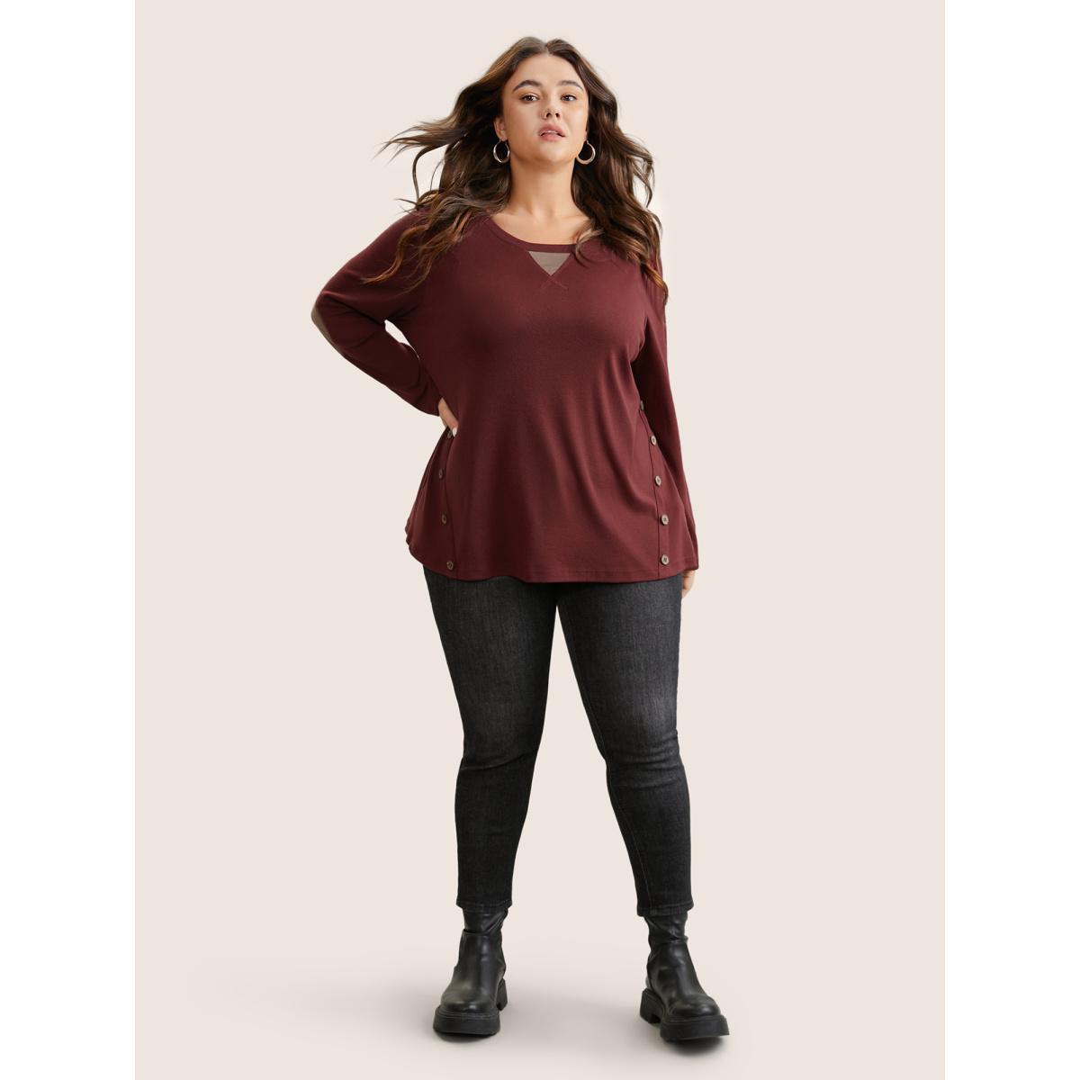 Plus Size Two Tone Patchwork Button Front T-shirt Burgundy Women Casual Contrast Plain Round Neck Dailywear T-shirts BloomChic 28/5X Product Image