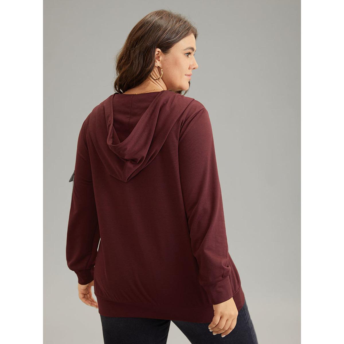Plus Size Contrast Half Zip Patched Pocket Hooded Sweatshirt Women Burgundy Casual Contrast Hooded Dailywear Sweatshirts BloomChic 10/M Product Image
