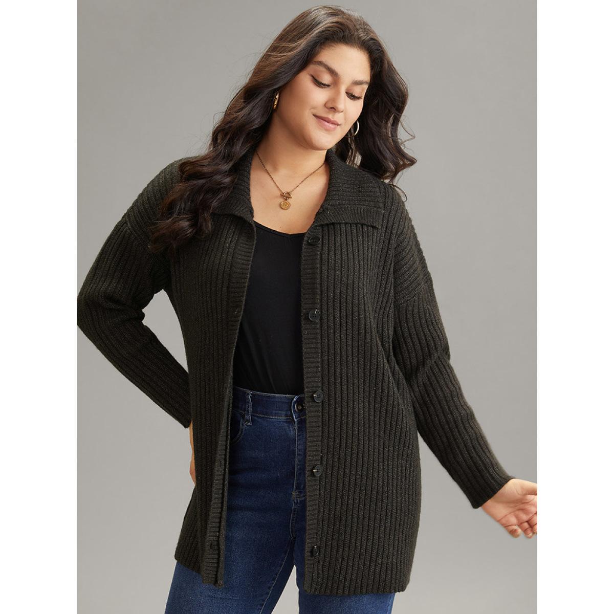 Plus Size Anti-Pilling Textured Button Up Lapel Collar Cardigan Black Women Casual Loose Long Sleeve Everyday Cardigans BloomChic 26/4X Product Image