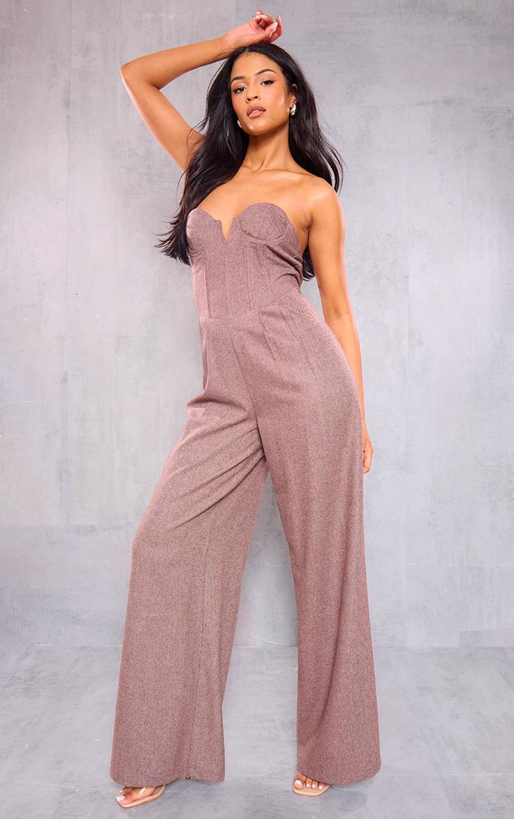 Tall Brown Wool Look Corset Bandeau Jumpsuit Product Image