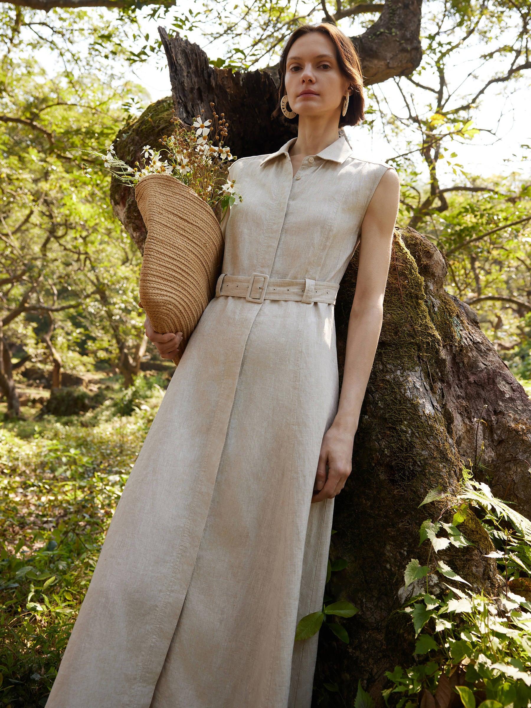 100% Linen Women Vest Maxi Shirt Dress With Belt Product Image