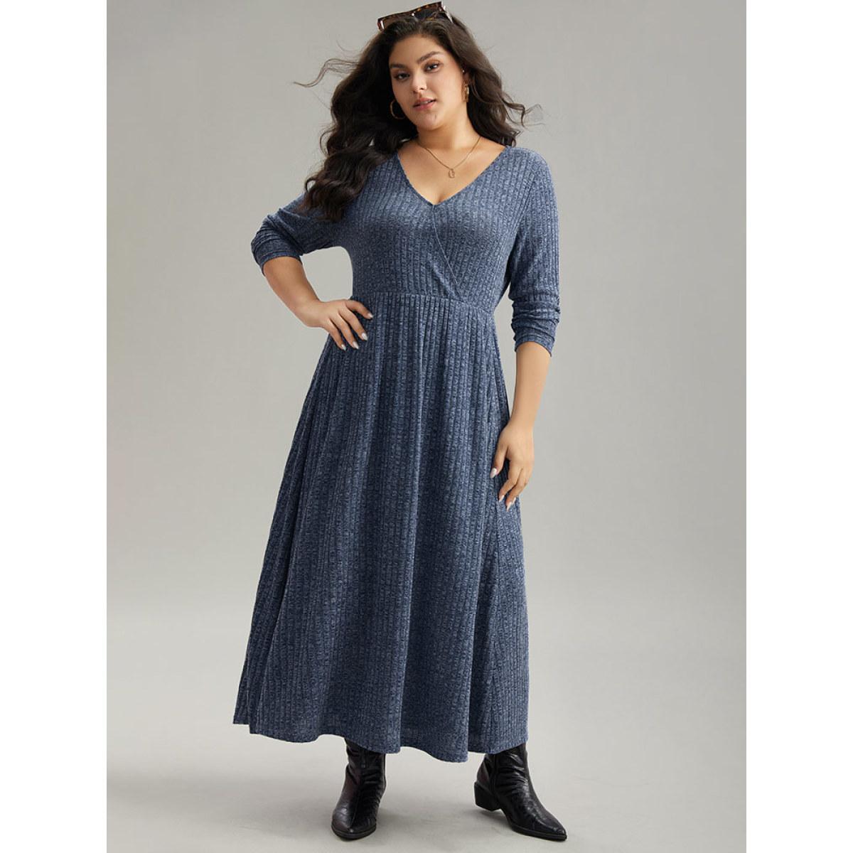 Plus Size Solid Rib Knit Overlap Collar Pocket Dress Indigo Women Casual Texture Overlap Collar Long Sleeve Curvy Midi Dress BloomChic 14-16/1X Product Image