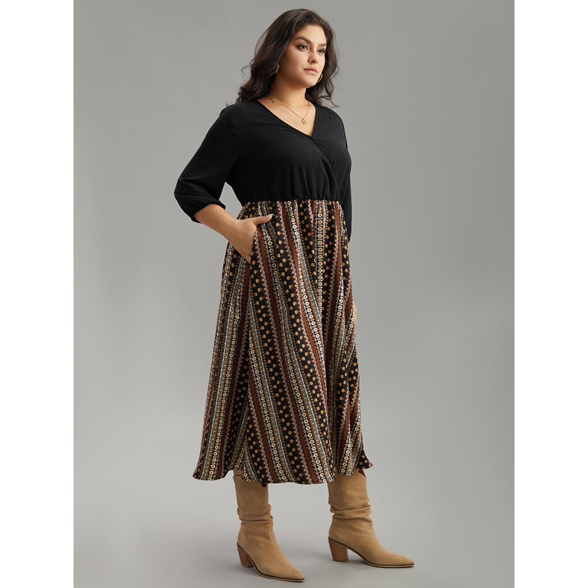 Plus Size Bandana Striped Patchwork Wrap Dress Black Women Vacation Elastic cuffs V-neck Elbow-length sleeve Curvy Midi Dress BloomChic 30/6X Product Image