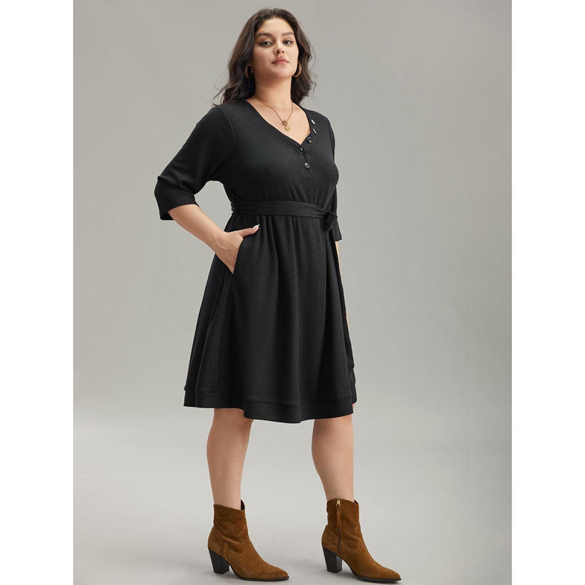 Plus Size Waffle Knit Button Detail Belted Dress Black Women Casual Plain V-neck Elbow-length sleeve Curvy Midi Dress BloomChic 26/4X Product Image