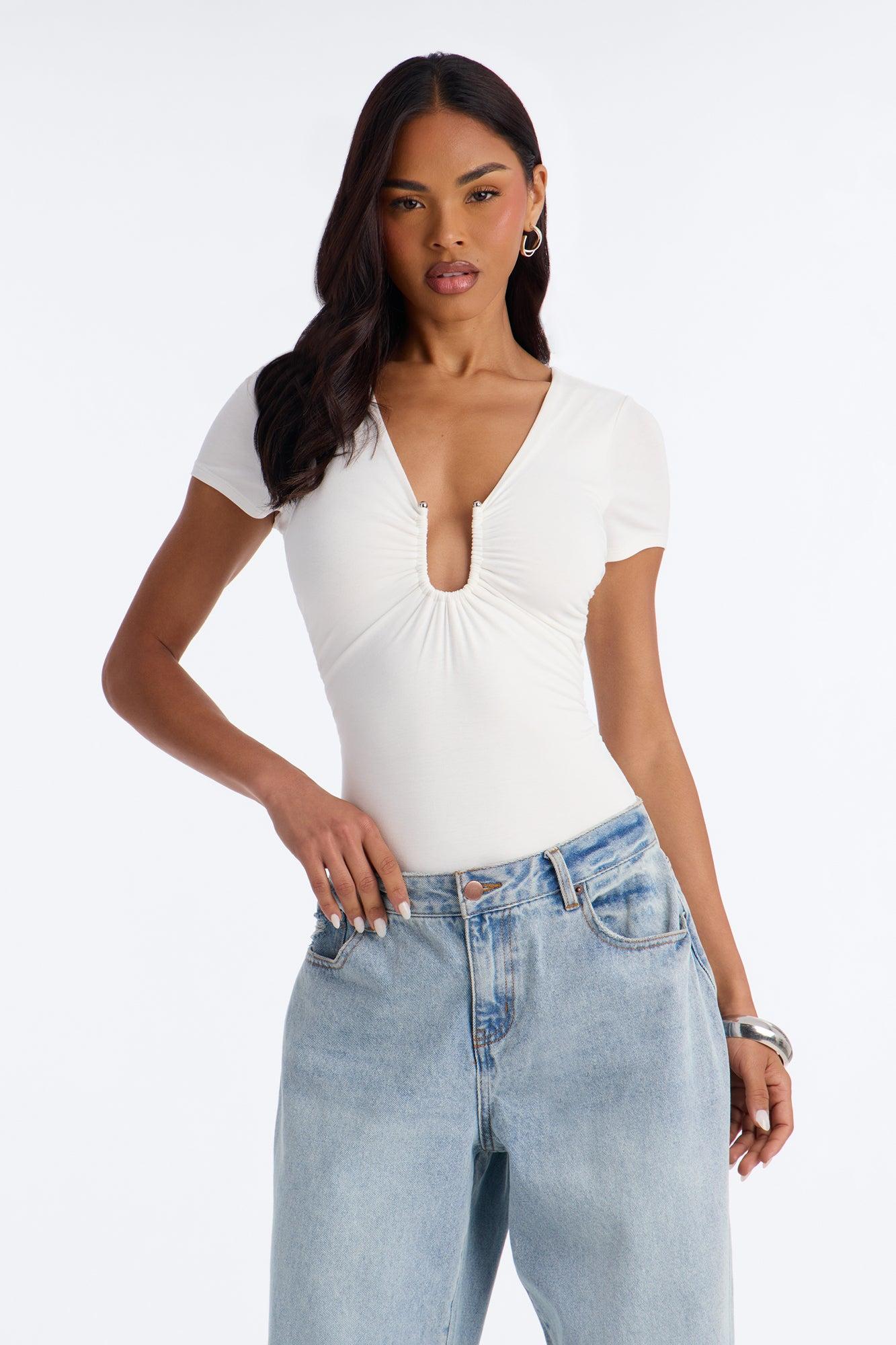Danielle Deep V Neck Short Sleeve Bodysuit - White Female Product Image