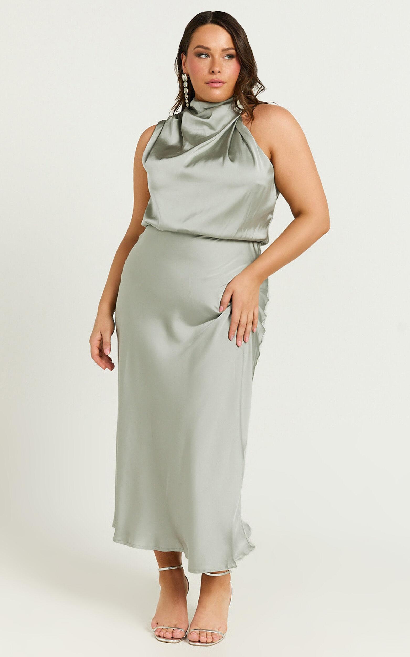Minnie Midi Dress - Drape Neck Satin Slip Dress in Sage Product Image
