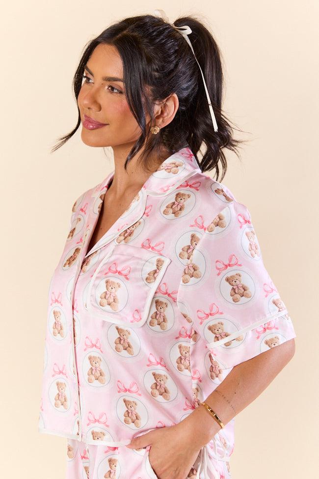 Snuggled Up Teddy Bear Printed Contrast Tie Detail Satin Short Sleeve Pajama Top FINAL SALE Girls Product Image