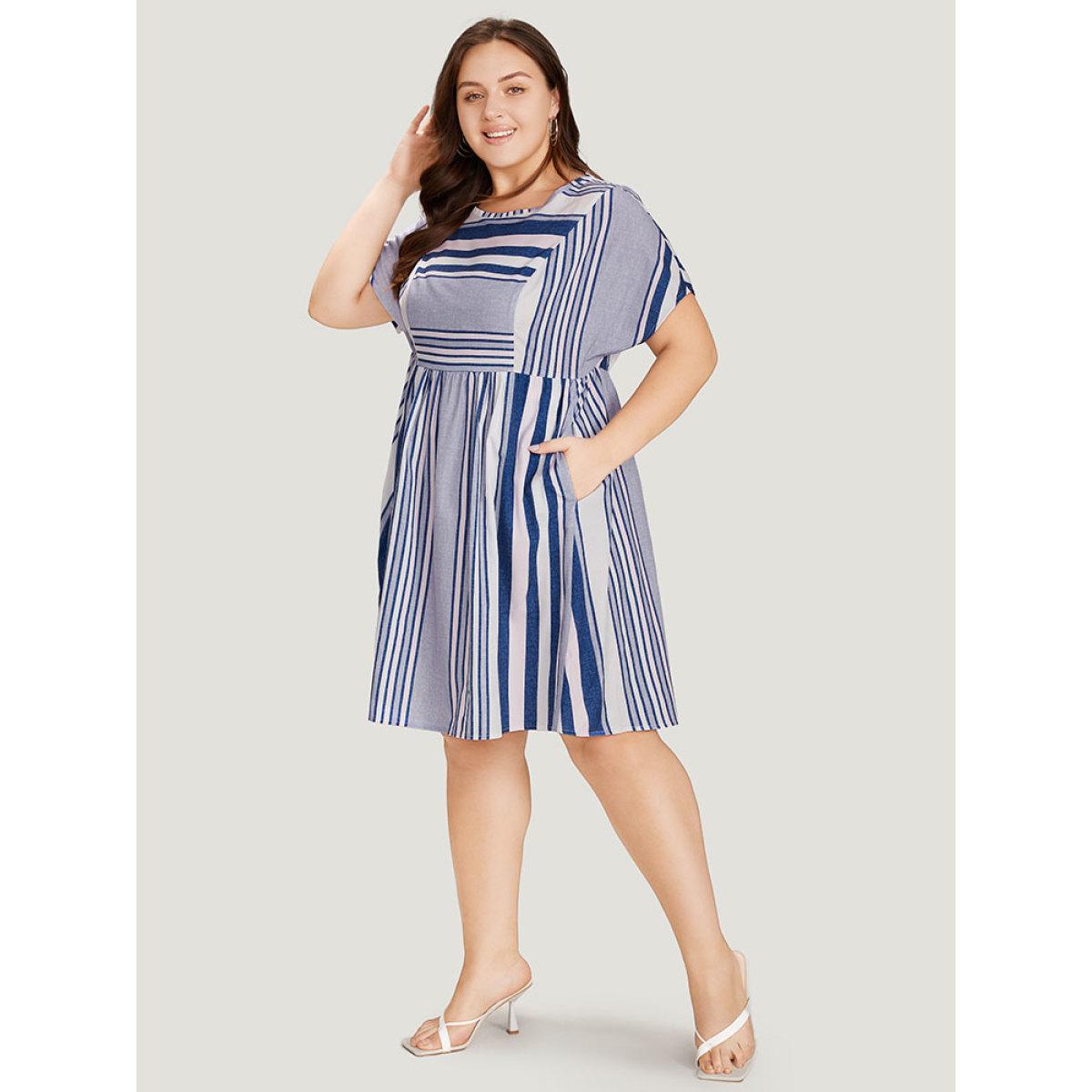 Plus Size Striped Print Patchwork Ruffle Sleeve Ruched Dress DarkBlue Women Vacation Round Neck Short sleeve Curvy Knee Dress BloomChic 30/6X Product Image