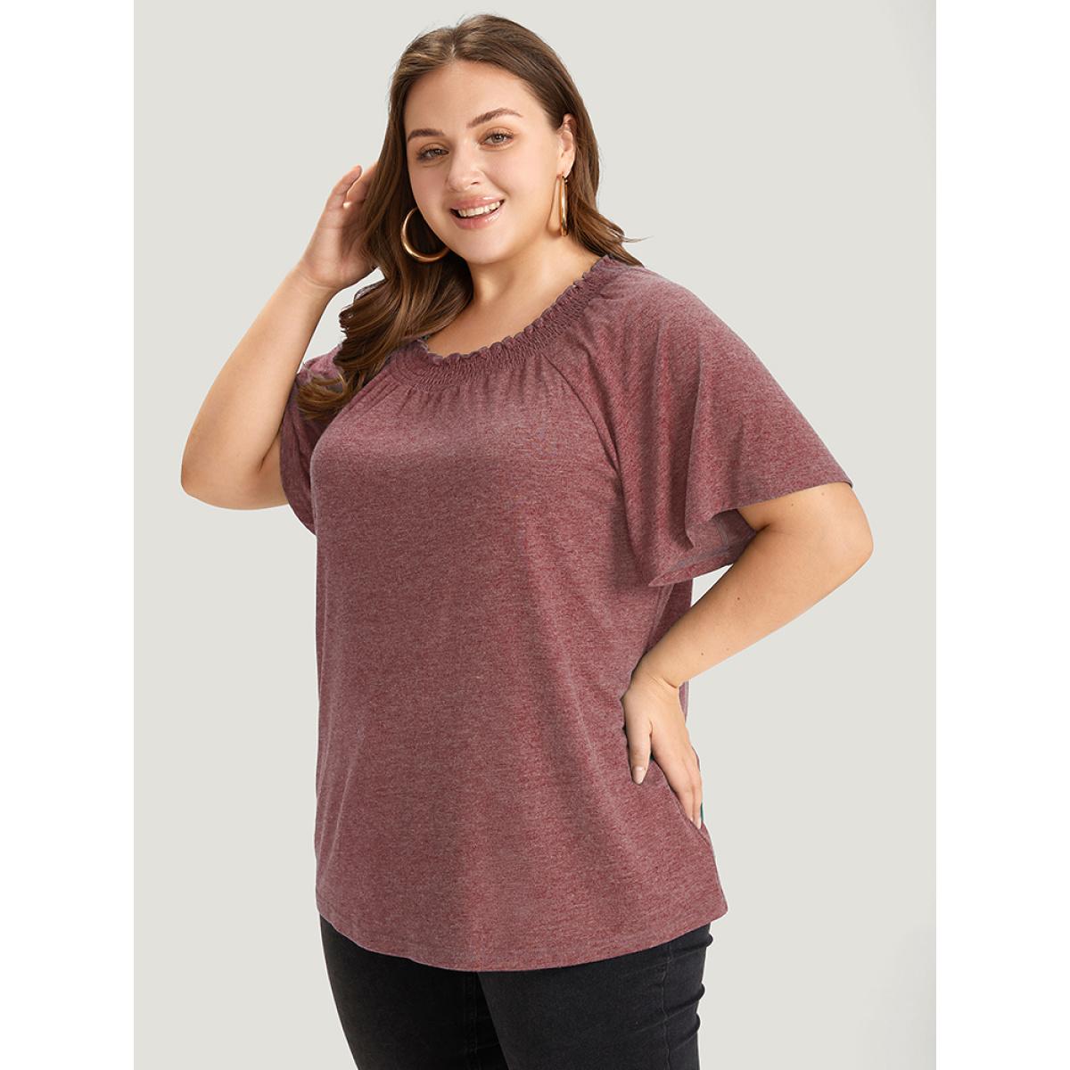 Plus Size Plain Shirred Crew Neck Flutter Sleeve T-shirt Russet Women Elegant Gathered Plain Round Neck Dailywear T-shirts BloomChic 28/5X Product Image