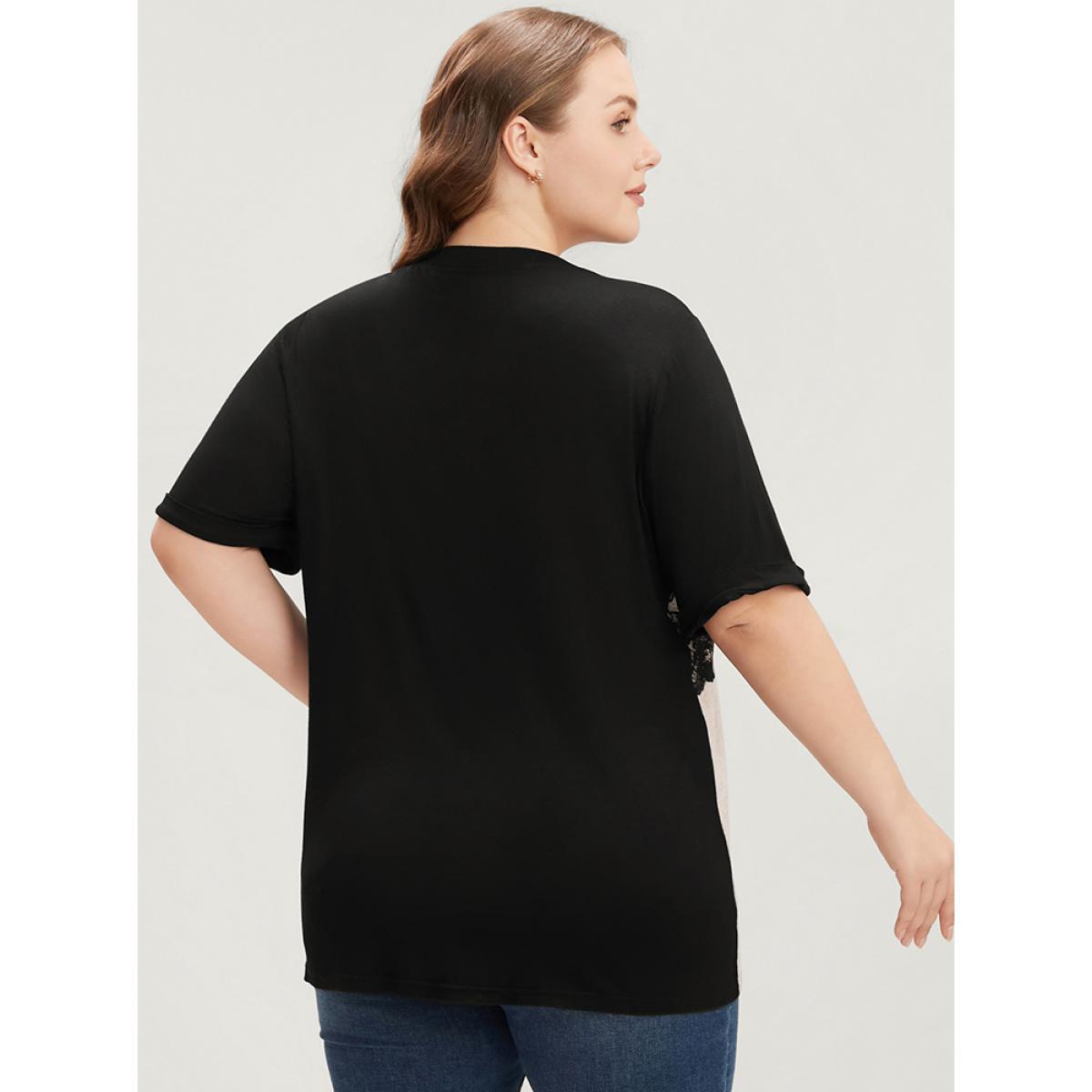 Plus Size Colorblock Contrast Round Neck Lace Insert T-shirt Tan Women Elegant Contrast Colorblock Round Neck Dailywear T-shirts BloomChic 14-16/1X Product Image