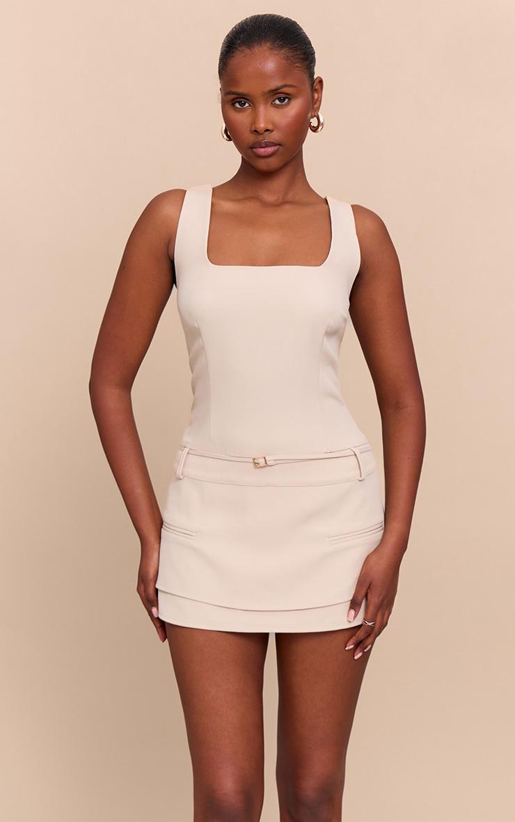 Beige Woven Belt Detail Skort Romper Product Image