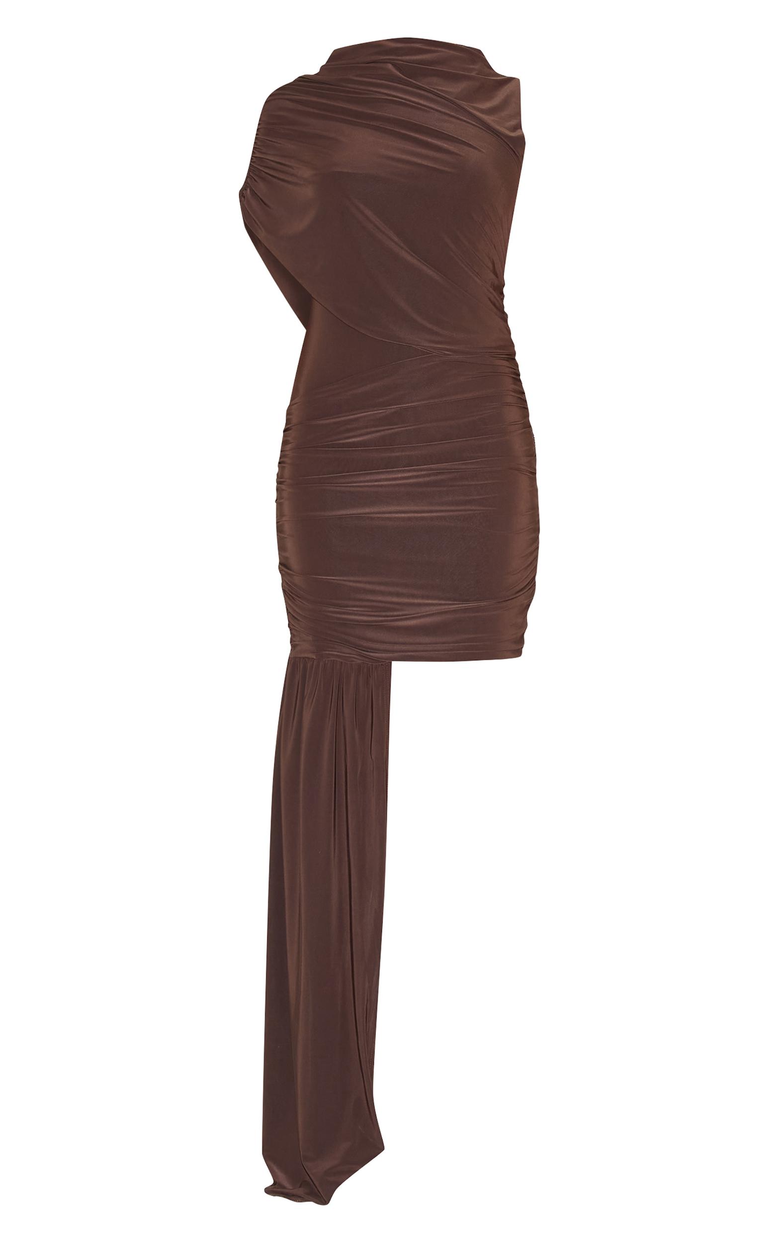 Petite Chocolate Ruched Drape Detail Mini Dress Product Image