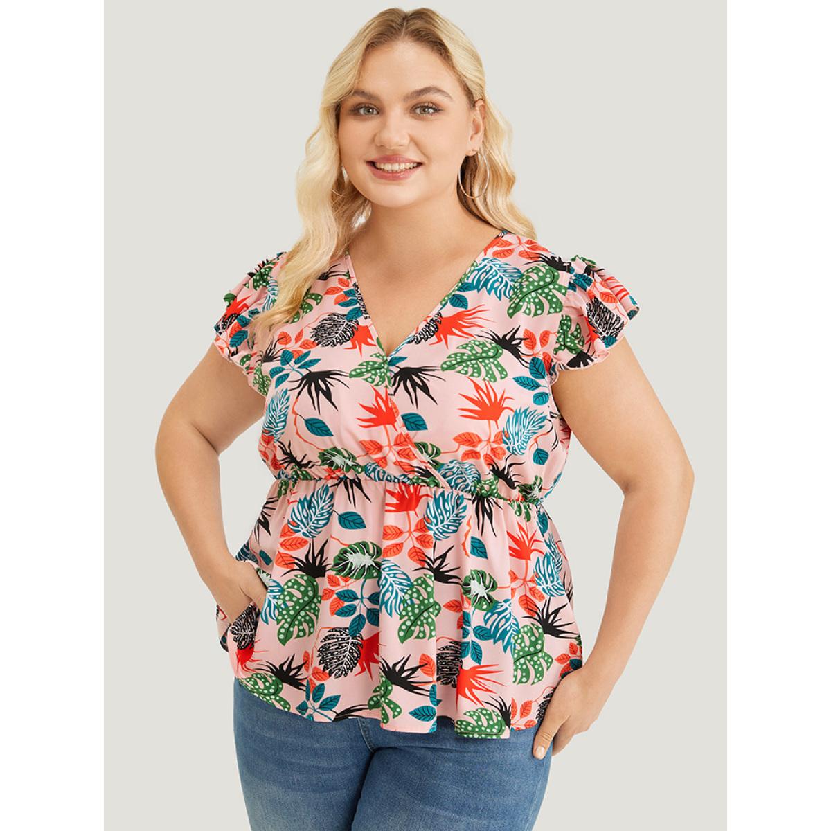 Plus Size Watermelon Plant Print Cap Sleeve Ruffle Wrap Blouse Women Elegant Cap Sleeve V-neck Dailywear Blouses BloomChic 28/5X Product Image