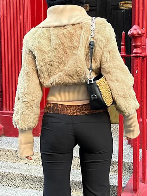 Solid Color Lapel Plush Waist Jacket Product Image