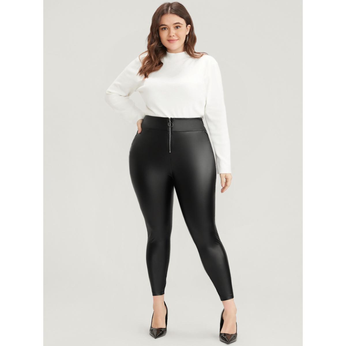 Plus Size PU Leather Wideband Waist Zipper Skinny Leggings Women Black Party Low stretch Skinny Mid Rise Going out Leggings BloomChic 18-20/2X Product Image