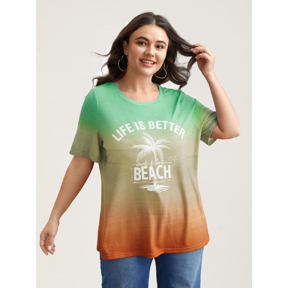Plus Size Gradient Beach Print Fitted T-Shirt Malachitegreen Women Casual Contrast Tropical Round Neck Everyday T-shirts BloomChic 28/5X Product Image