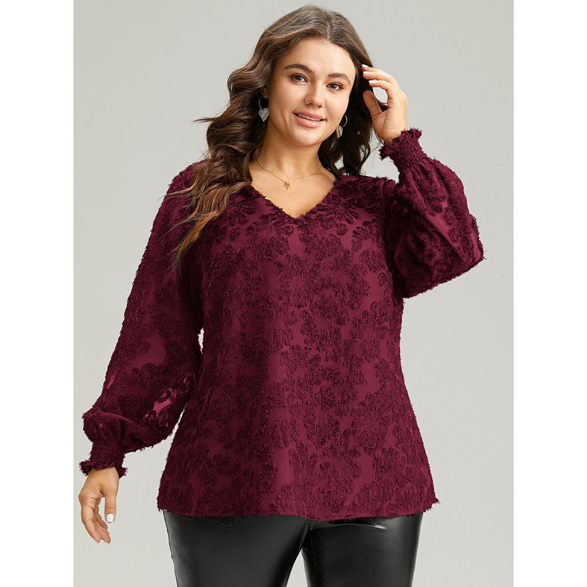 Plus Size Scarlet Plain Appliques Mesh V Neck Shirred Blouse Women Party&Cocktail Long Sleeve V-neck Party Blouses BloomChic 14-16/1X Product Image