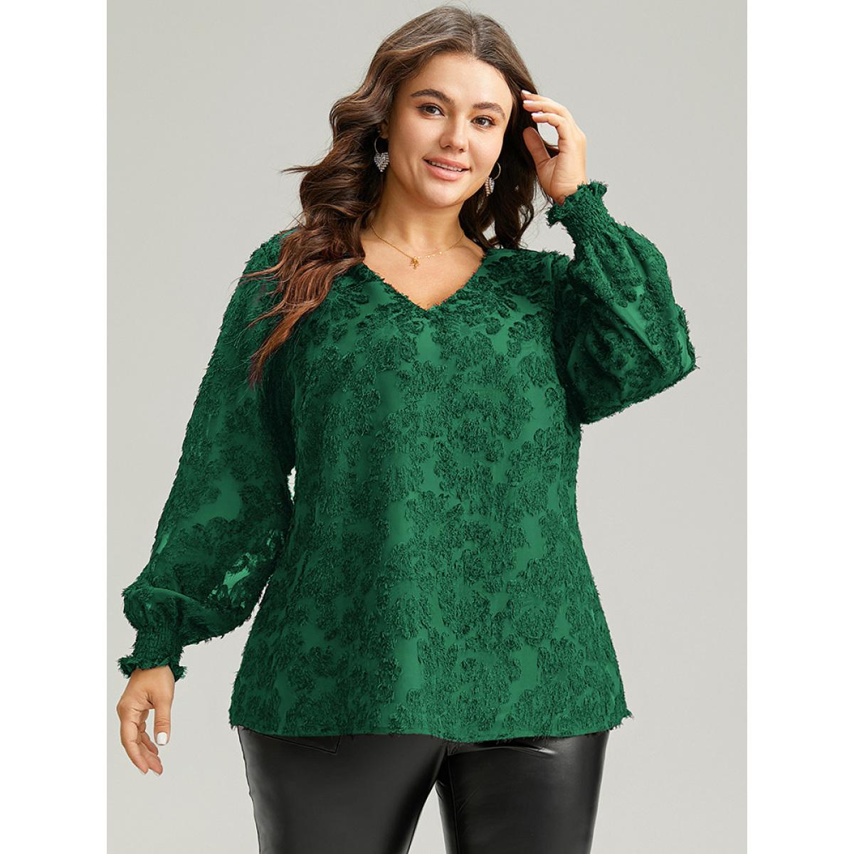 Plus Size DarkGreen Plain Appliques Mesh V Neck Shirred Blouse Women Party&Cocktail Long Sleeve V-neck Party Blouses BloomChic 14-16/1X Product Image