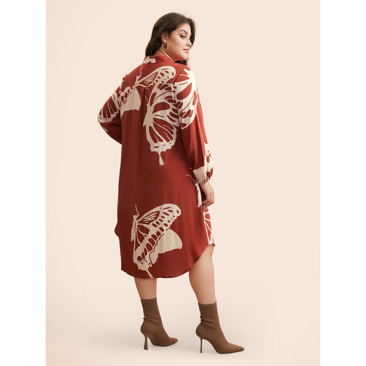 Plus Size Butterfly Print Curved Hem Midi Dress Rust Women Elegant Button Shirt collar Long Sleeve Curvy BloomChic 22-24/3X Product Image
