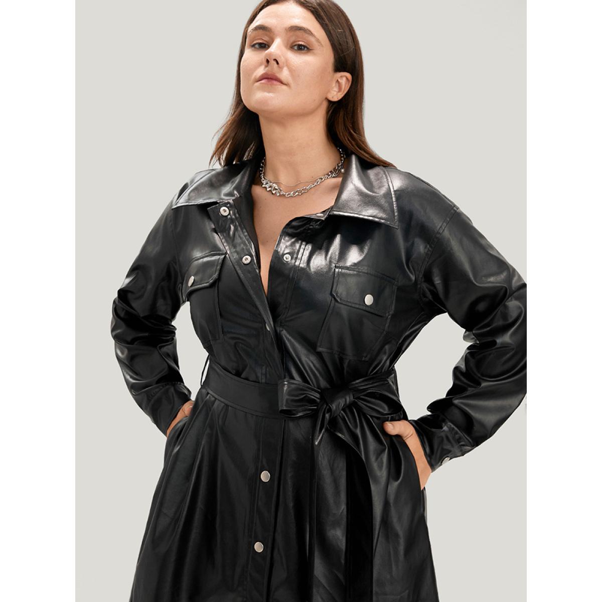 Plus Size PU Leather Pocket Belted Button Up Dress Black Women Party Belted Shirt collar Long Sleeve Curvy Knee Dress BloomChic 12/L Product Image