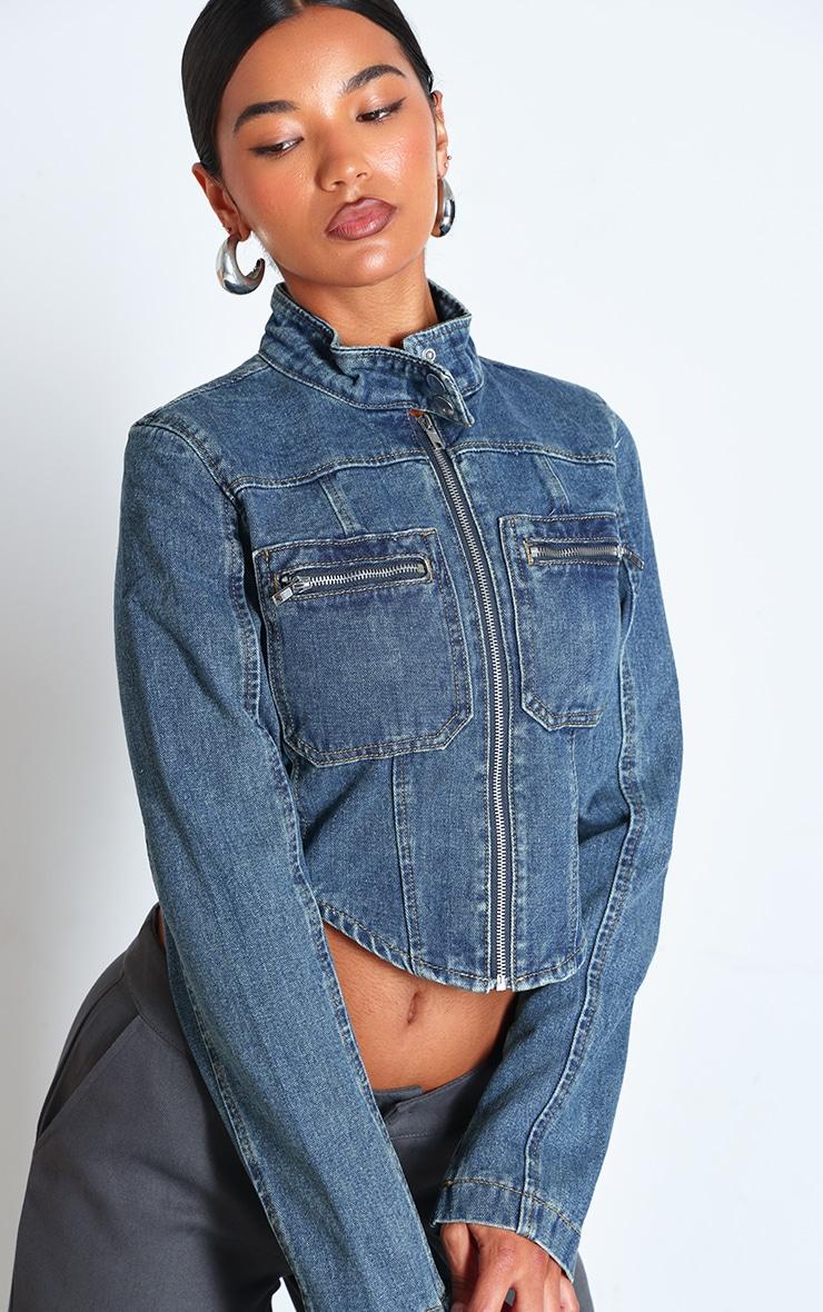 Indigo Vintage Wash Biker Detail Curved Hem Denim Jacket Product Image