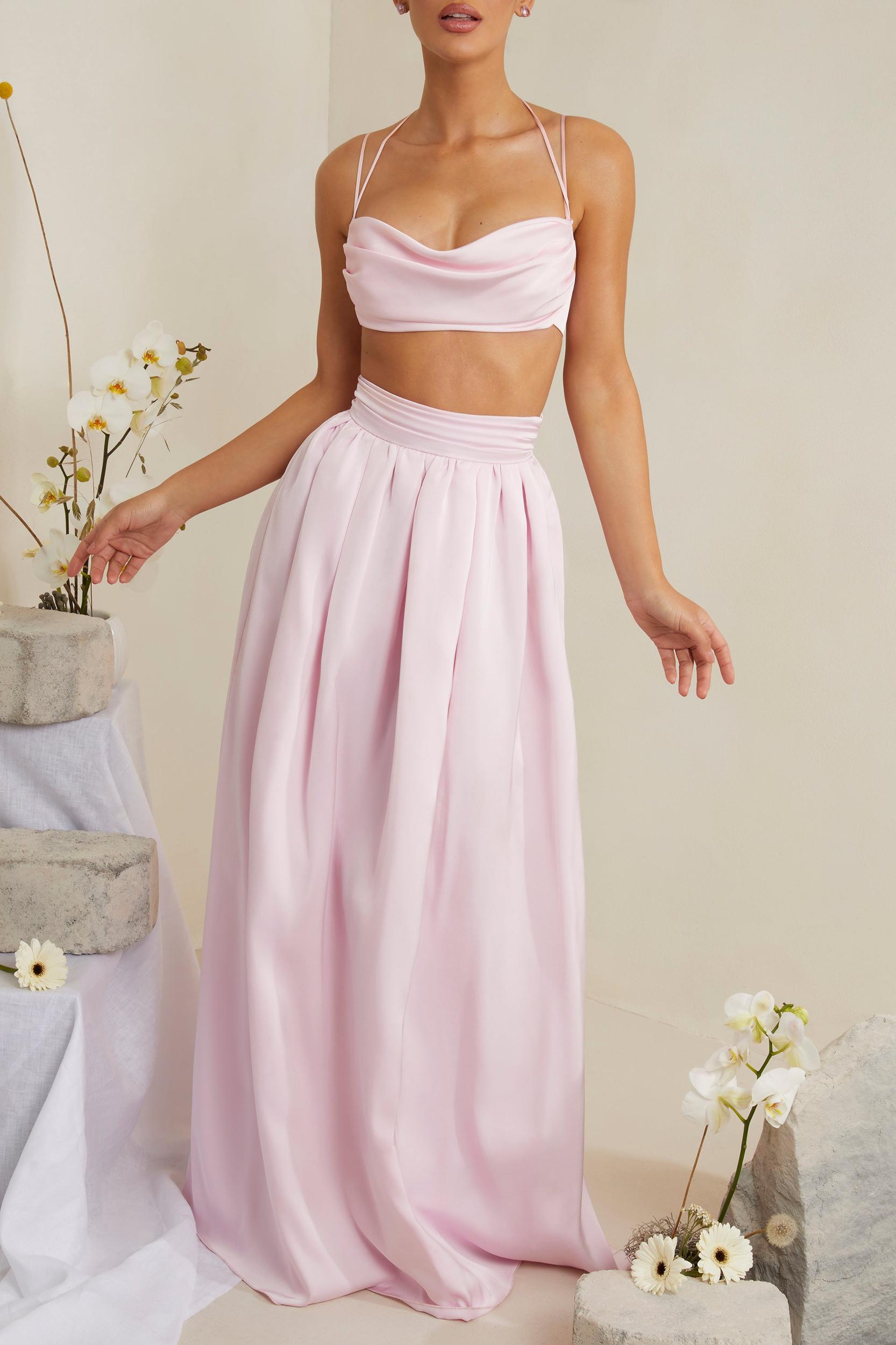 Cowl Neck Heavy Satin Crop Top in Pink Product Image