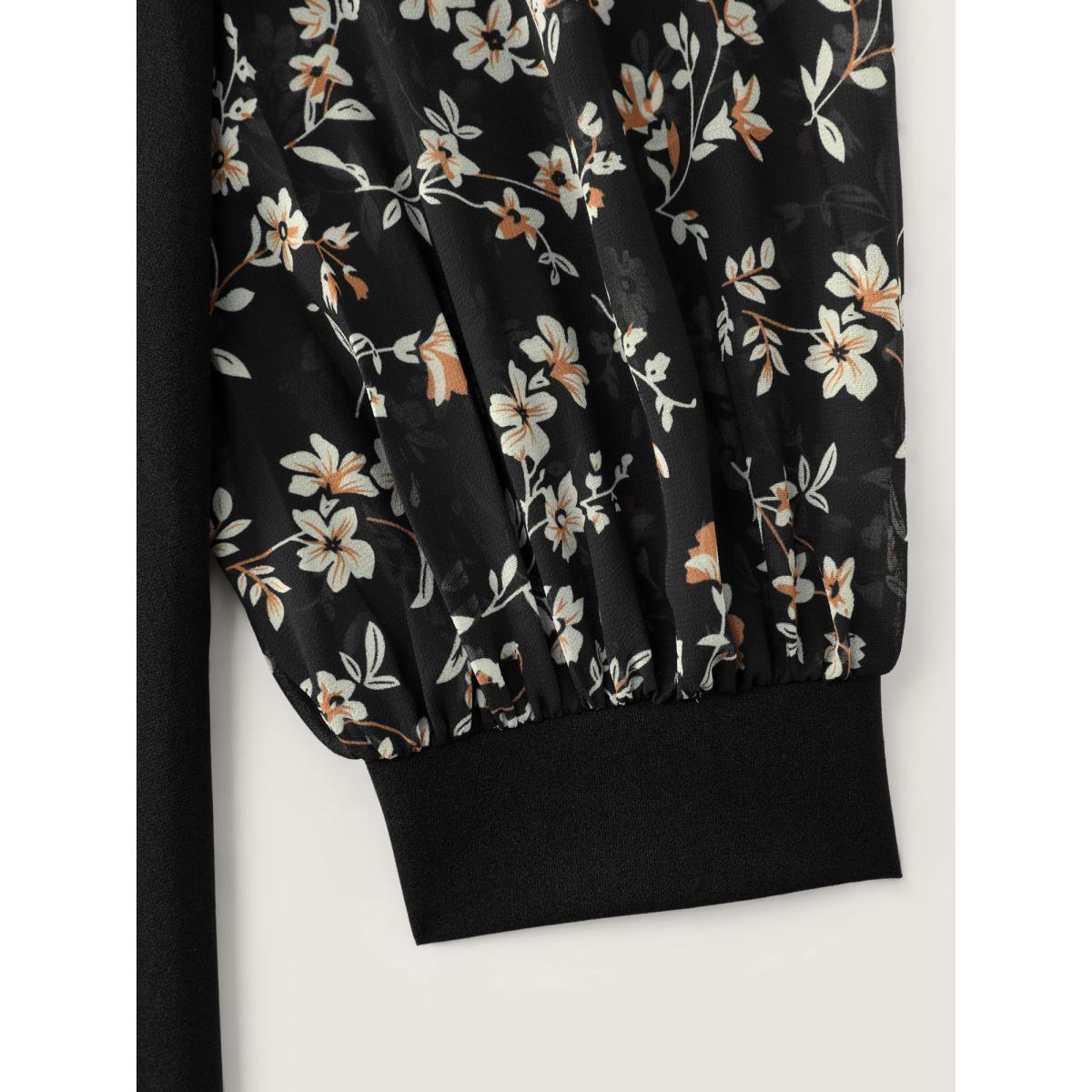 Plus Size Floral Print Ribbon Neck-Tie Knee Dress Black Women Timeless Ribbon-tied collar Long Sleeve Curvy BloomChic 22-24/3X Product Image