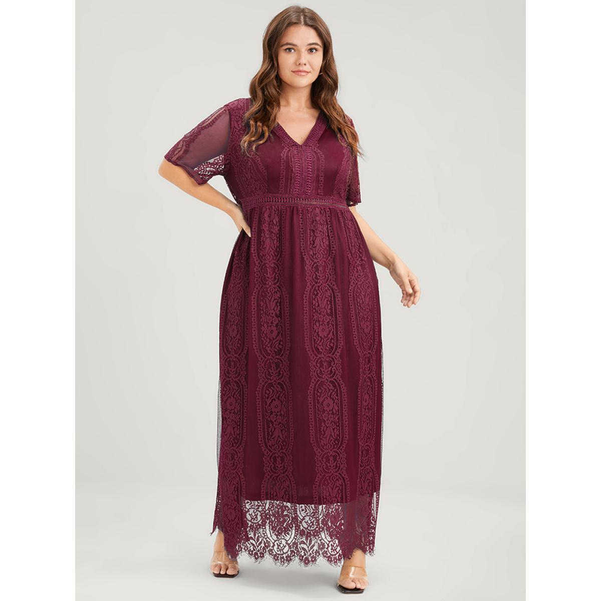 Elegant Mesh Lace Embroidered Plus Size Women Long Dress Dailywear Plain Sleeve Short Sleeve V Neck Dresses BloomChic Product Image