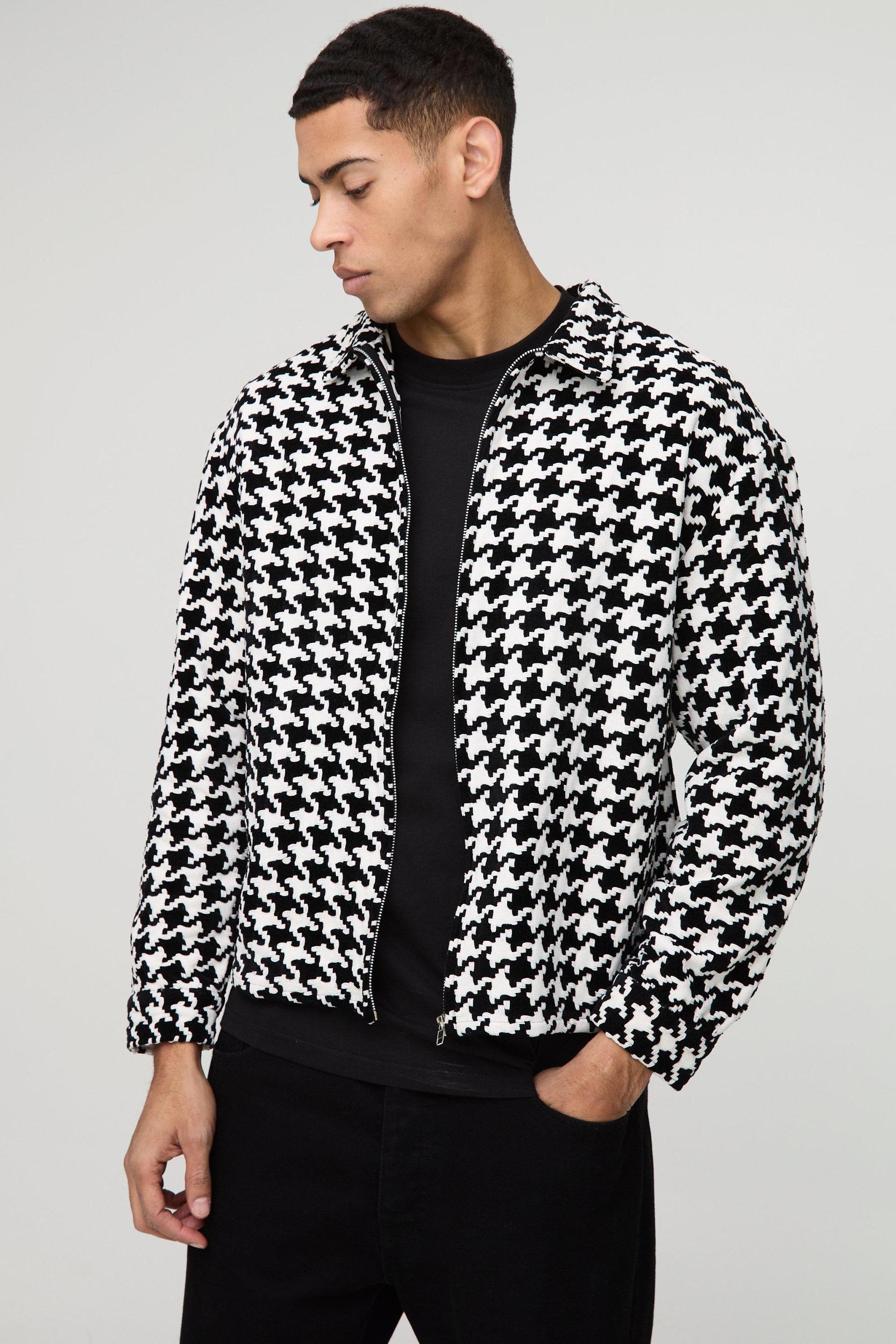 Oversized Heavyweight Houndstooth Zip Up Shirt Jacket | boohooMAN USA Product Image