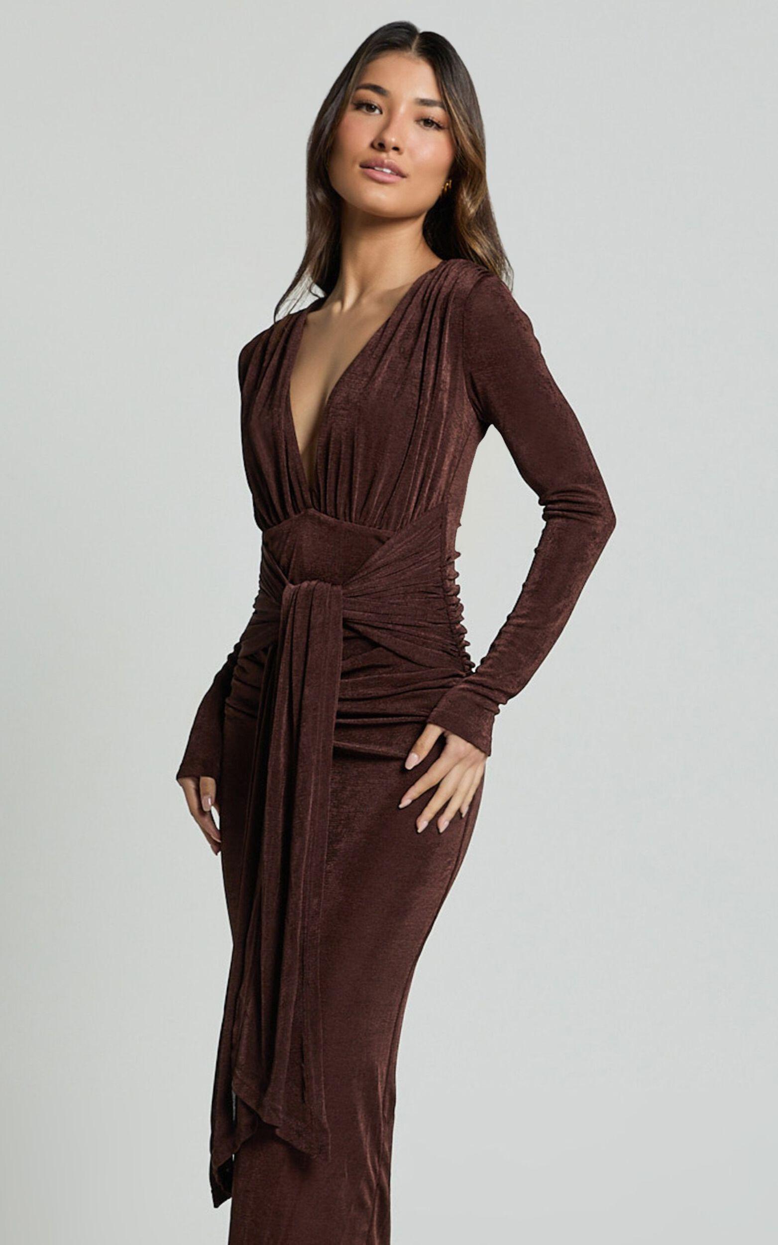 Melanie Midi Dress - Plunge Long Sleeve Tie Front Dress in Chocolate Product Image