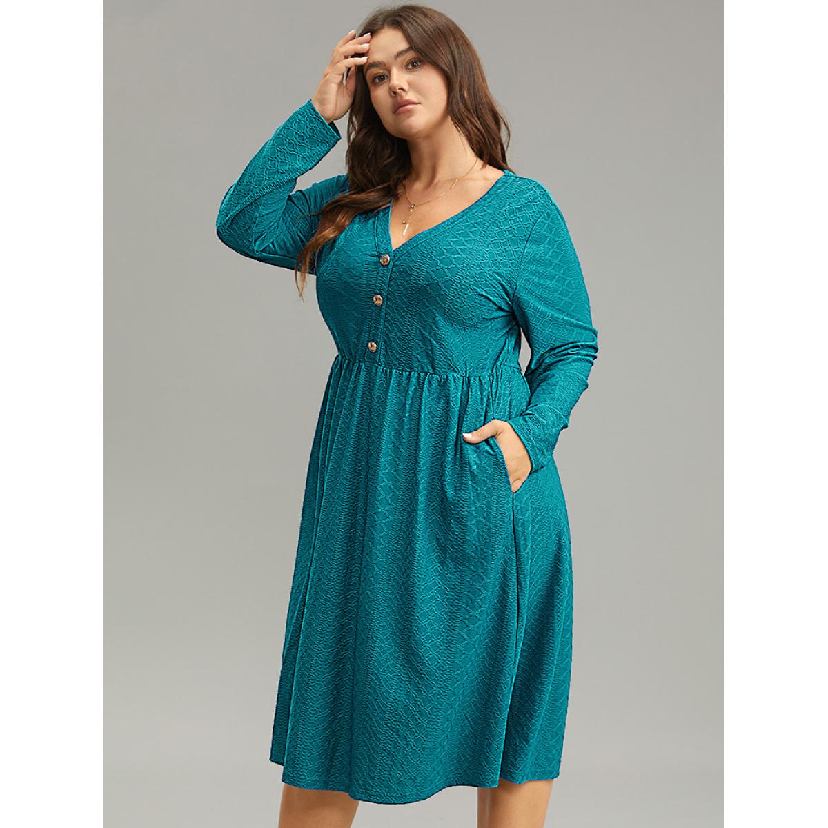 Plus Size Plain Textured Metal Detail V Neck Dress Cerulean Women Office Texture V-neck Long Sleeve Curvy Midi Dress BloomChic 18-20/2X Product Image