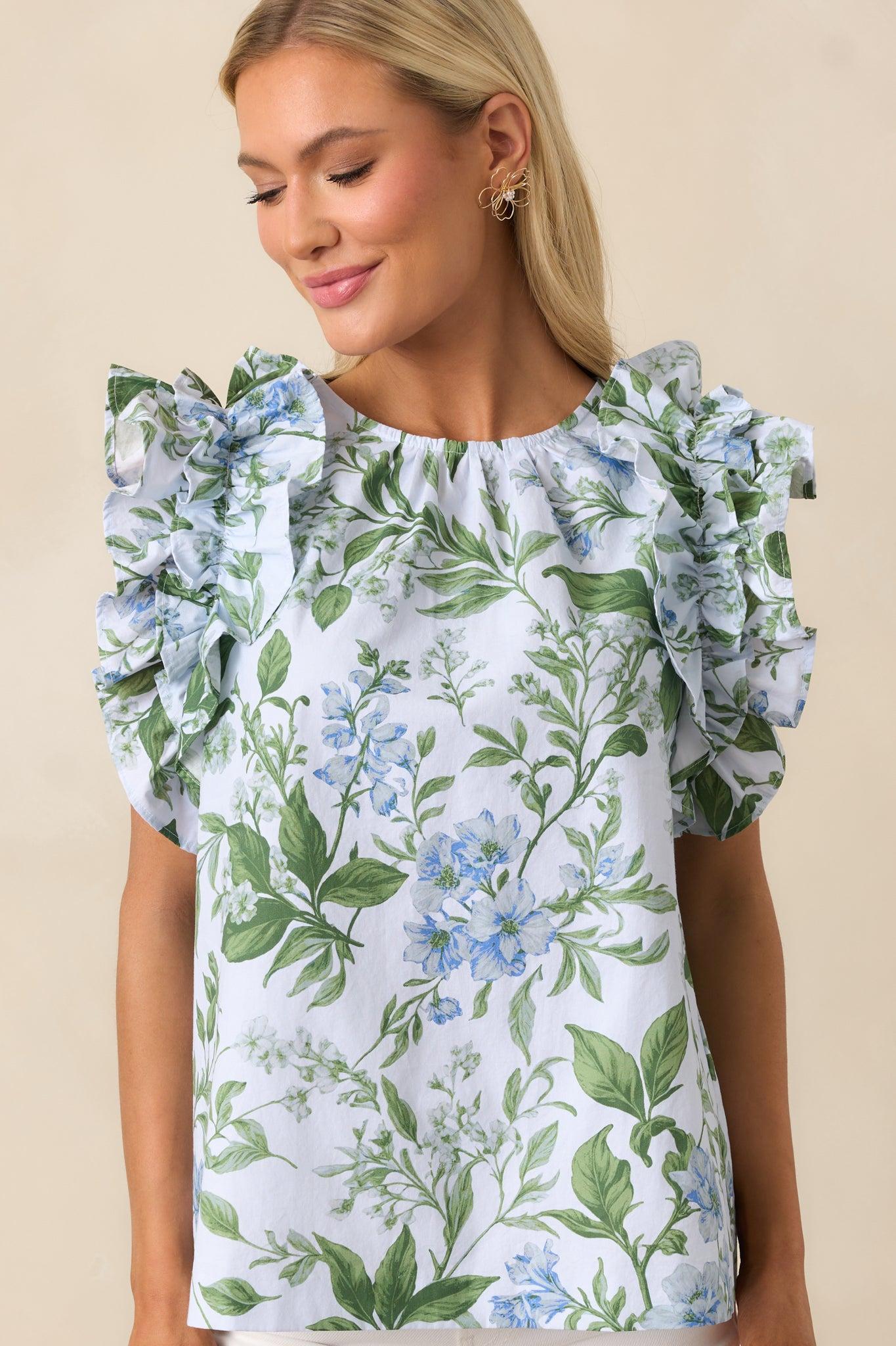 Charlotte Blue Lilacs Botanical Print Cotton Ruffle Top Product Image