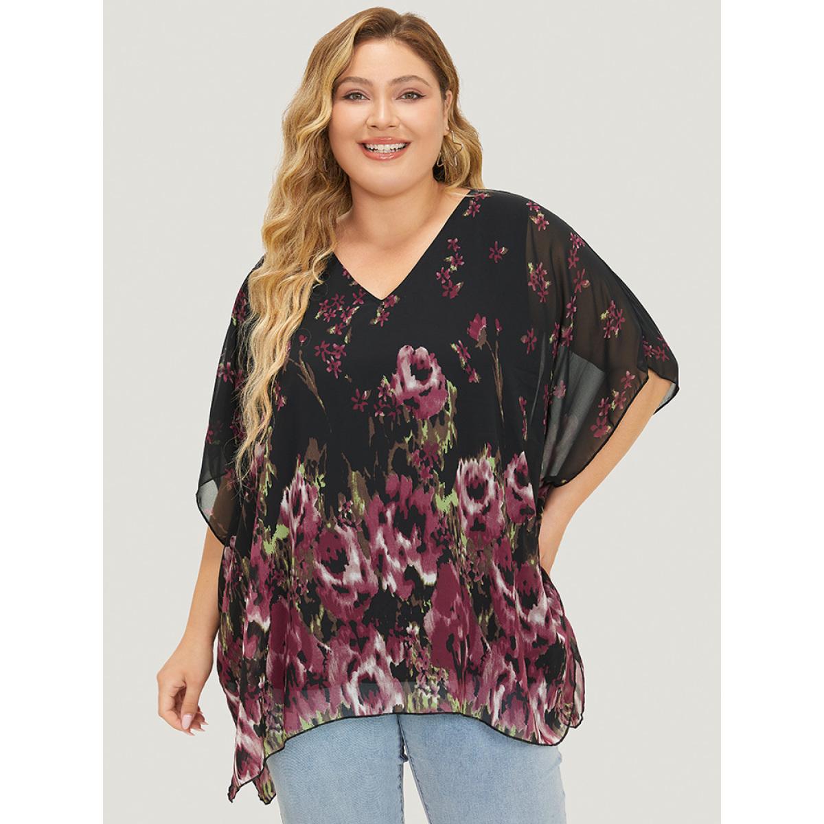 Plus Size RedViolet Pixel Flower Mesh Batwing Sleeve Chiffon Blouse Women Vacation Short sleeve V-neck Dailywear Blouses BloomChic 10/M Product Image