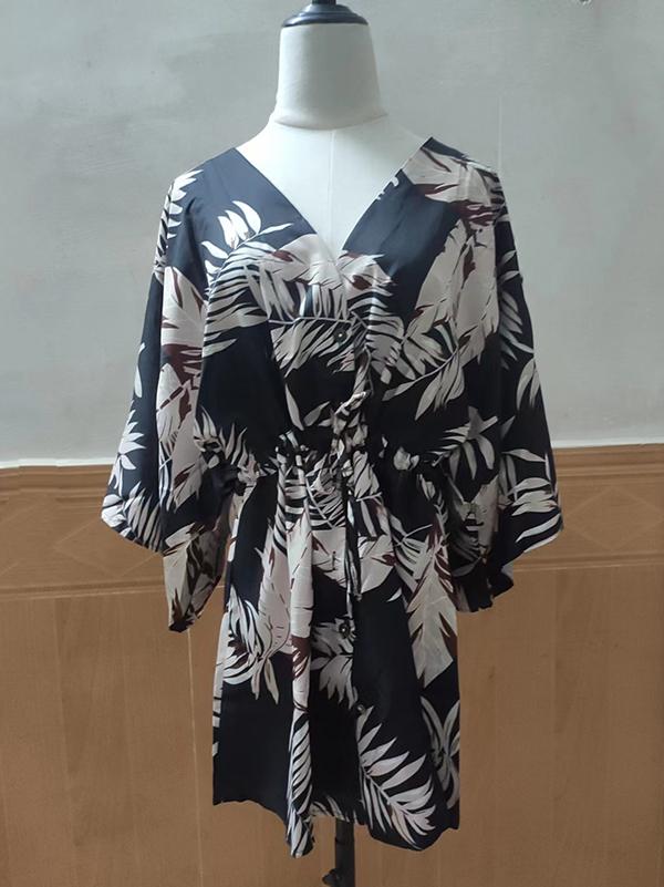 Original Loose Leaf Printed Contrast Color Tied Buttoned Mini Shirt Dress Product Image