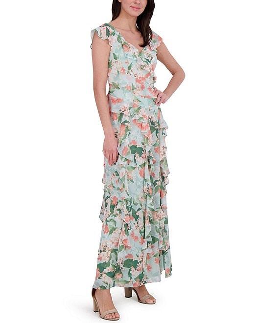 Eliza J Chiffon Floral Print V Neck Cap Sleeve Ruffle Fit and Flare Gown Product Image