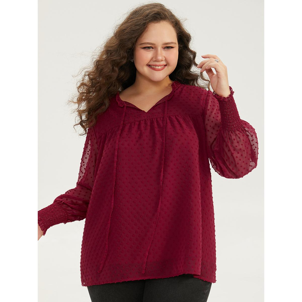 Plus Size Scarlet Halloween Solid Tie Neck Shirred Blouse Women Elegant Long Sleeve Tie Neck Festival-Halloween Blouses BloomChic 26/4X Product Image