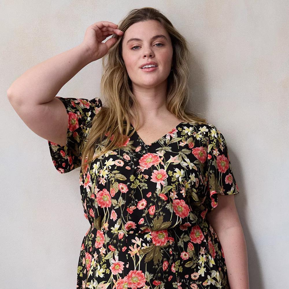 Plus Size LC Lauren Conrad Flutter Sleeve V-Neck Top, Women's, Size: 0X, Black Bryn Botanical Product Image