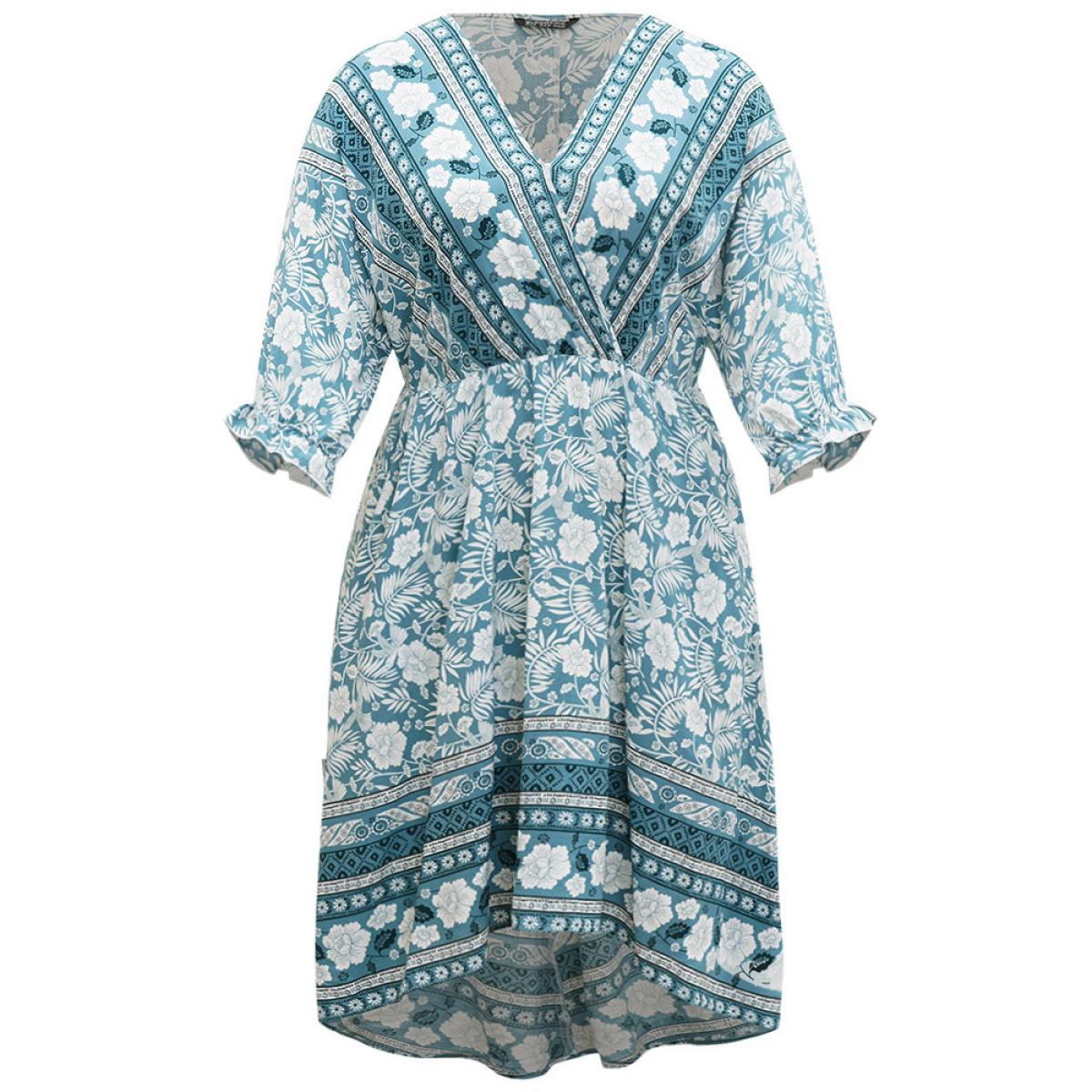 Plus Size Floral Print Pocket Surplice Neck Ruffle Trim Dress Turquoise Women Vacation Elastic cuffs V-neck Elbow-length sleeve Curvy Midi Dress BloomChic 14-16/1X Product Image