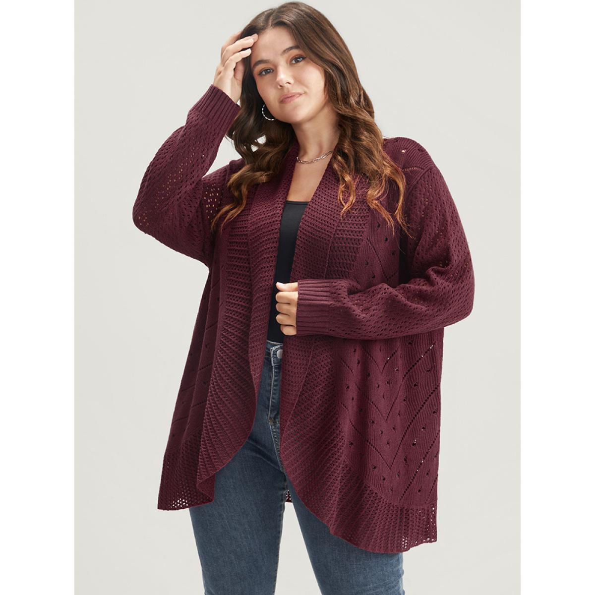 Plus Size Solid Pointelle Knit Lapel Collar Geometric Crochet Open Front Cardigan Burgundy Women Elegant Loose Long Sleeve Dailywear Cardigans BloomChic 12/L Product Image